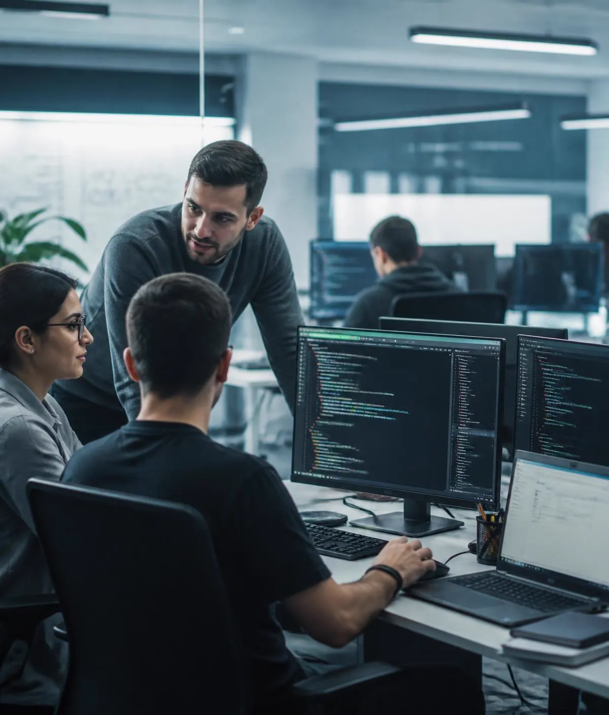 Wellpoint software engineers collaborating on product code in the studio