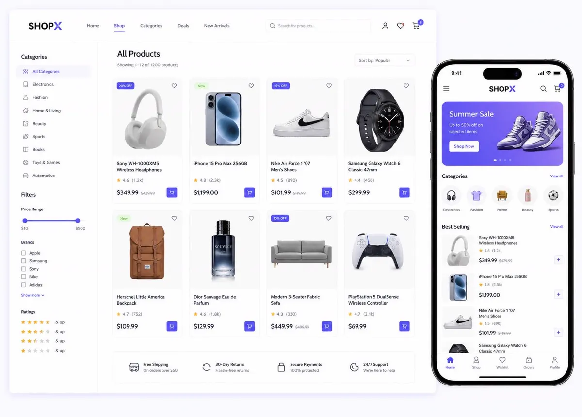 E-commerce web storefront and companion mobile app interface
