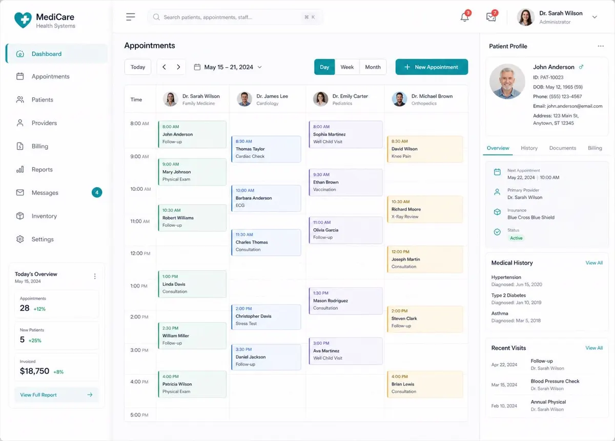 Healthcare management software showing appointment calendar and patient profile